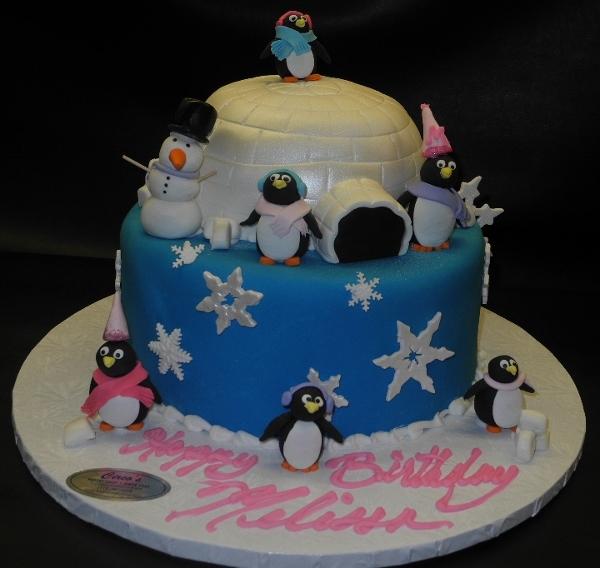 Winter Theme Igloo with Penguins Fondant Cake - CS0084