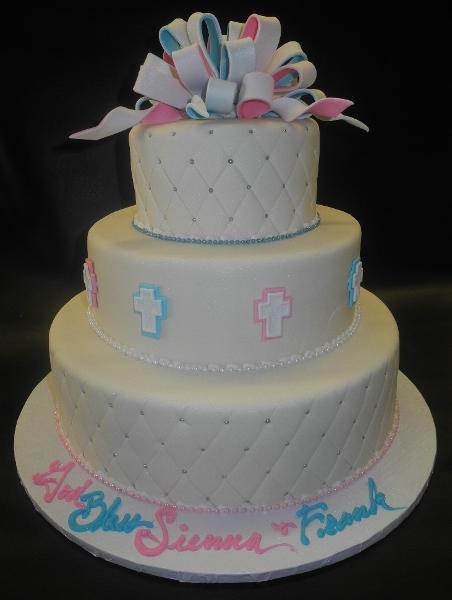 Religious Fondant Ivory Cake with Pink and Blue Decorations and Bow 