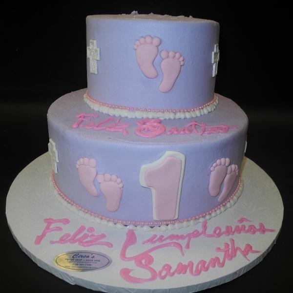 Lavender Icing Baptism Cake with Edible Fondant Baby Feet
