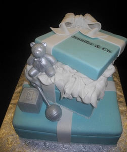 Tiffany Blue Gift Box Baby Shower Cake with Edible Teddy Bear and Rattle 