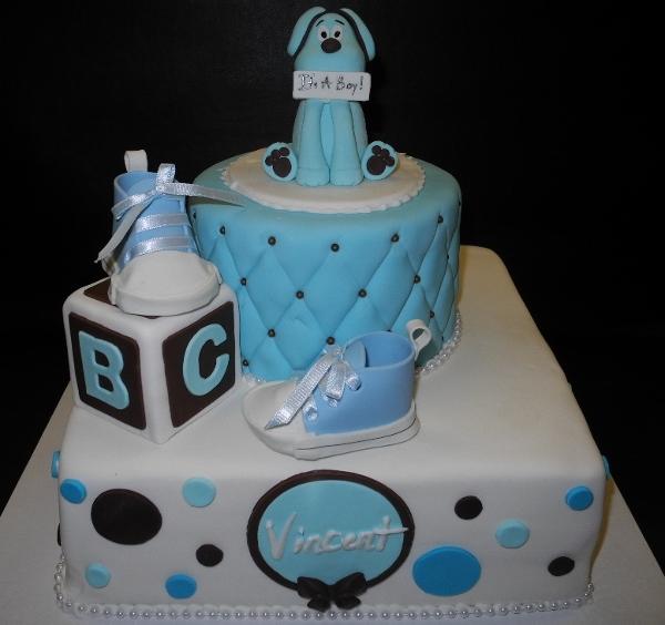 Blue and Black Dog and Blocks Babyshower Fondant Cake 236