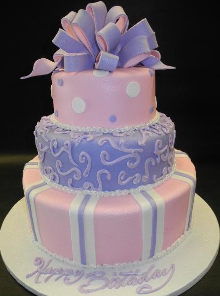 3 tier Pink and Purple 2 tone ribbon Birthday Cake
