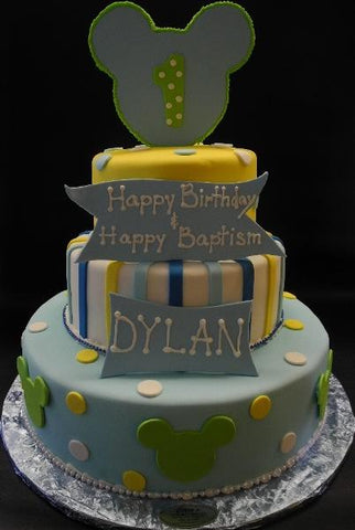 Blue Yellow and Green Baby Mickey Fondant  Birthday Cake