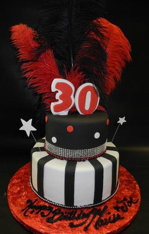 Red, White and  Black 2 Tier Fondant Cake with Feathers 633