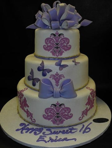 Sweet 16 Fondant Cake with 2D Lavander Demask and Butterfly Images 637