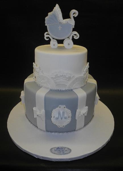 Stroller Baby Shower Cake Silver and White