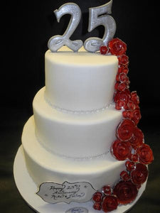 White Anniversary Fondant Cake with Red Roses Cascading Down