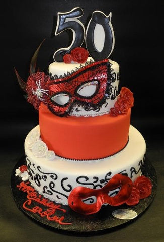 Mask Red and White 50th Birthday Cak
