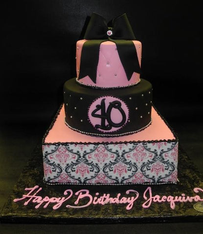 Damask Pink and Black Fondant Birthday Cake