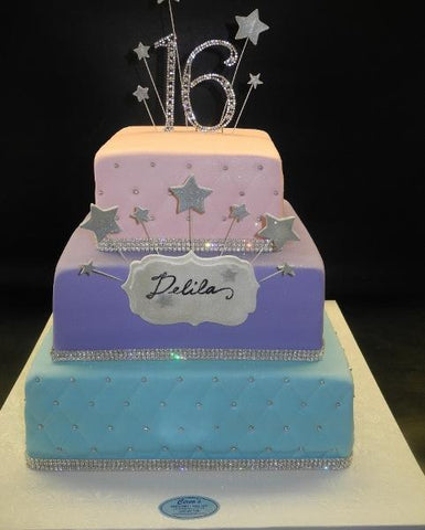 Sweet 16 Pink, Purple, and Blue Fondant Cake 