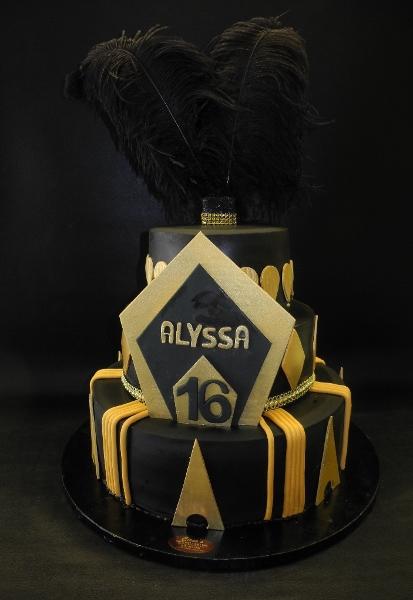 Feathers Gold and Black Sweet 16 Cake 