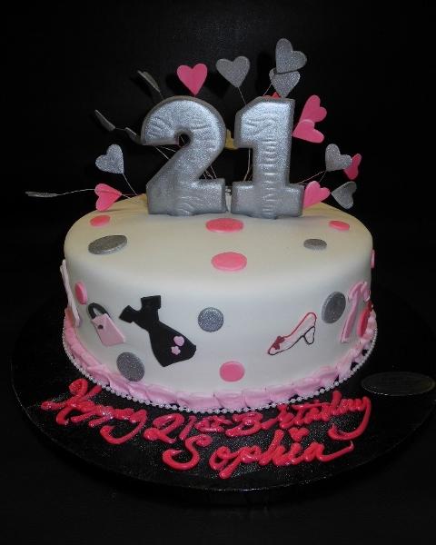 Silver and Pink 21st Fondant Cake with 2D Fondant Cut-outs 