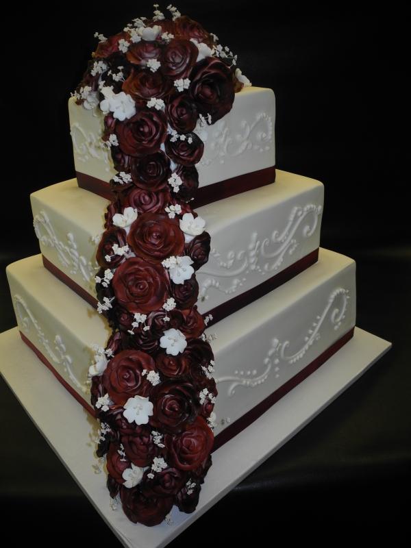 Ultimately Chocolate CAKES: Traditional Burgundy-and-White Wedding Cake  with Pillars