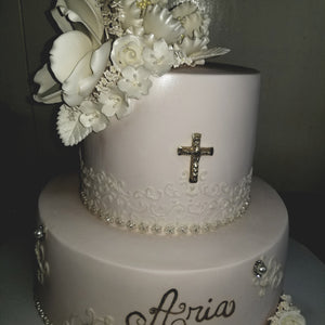 Baby pink and Gold Religious Fondant Cake - R023